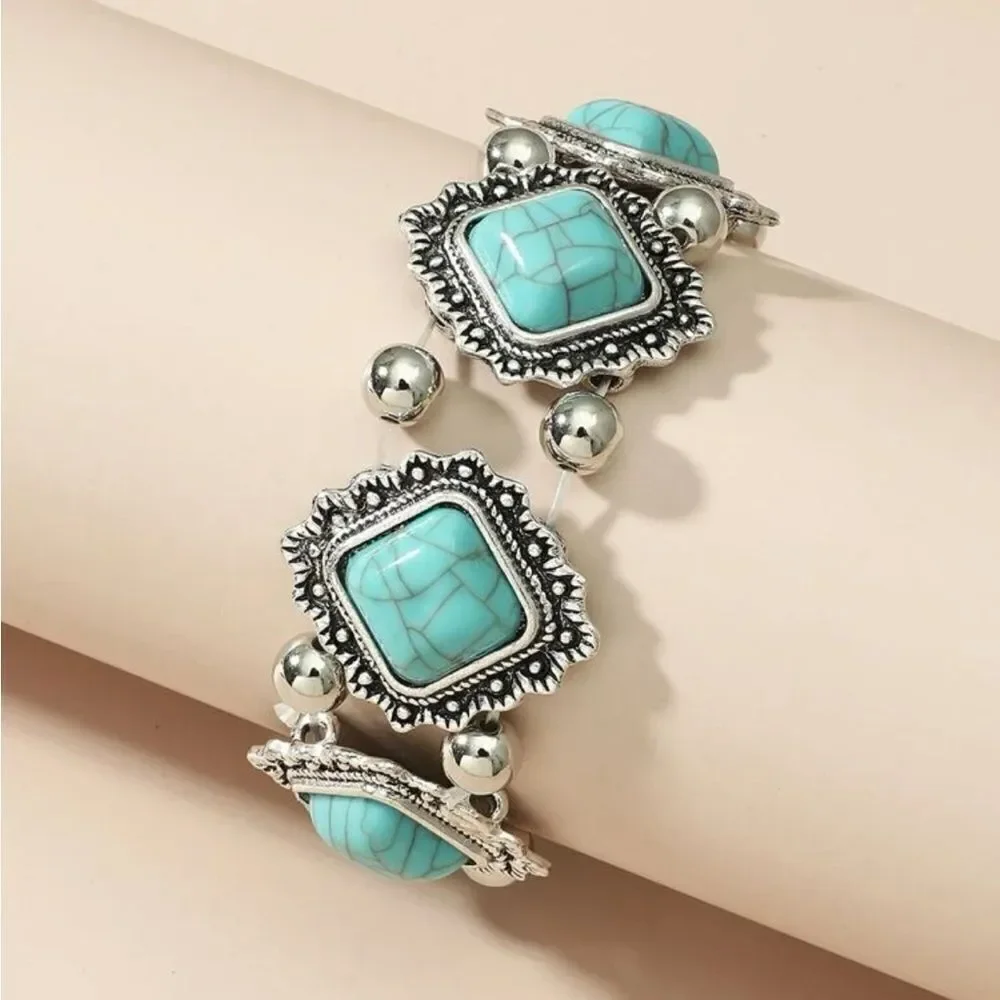 Bead Decor Vintage Fake Turquoise Stone‎ Zinc Alloy Bracelet